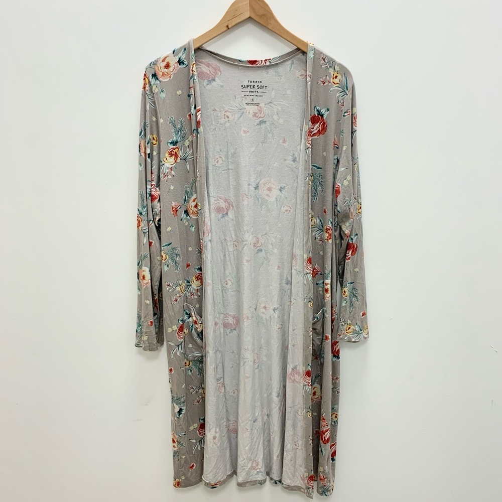Torrid Super Soft Taupe Floral Open Front Longline Cardigan